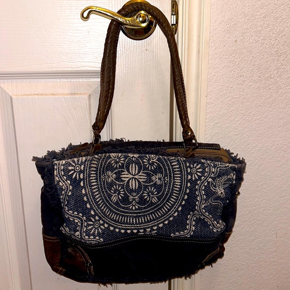 Myra Bag Handbags - MYRA🌻BAG BOHO Blue Floral Canvas Navy Denim💙Brown LEATHER Handles & Accents